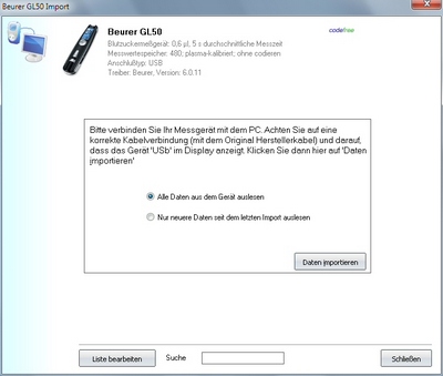 Datenbernahme vom Beurer GL50 ins Diabetes-Tagebuch