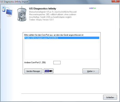 Datenbernahme vom US Diagnostics Infinity ins Diabetes-Tagebuch