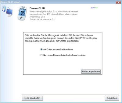 Datenbernahme vom Beurer GL40 ins Diabetes-Tagebuch