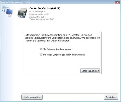 Datenbernahme vom Omron RX Genius 637 IT ins Diabetes-Tagebuch