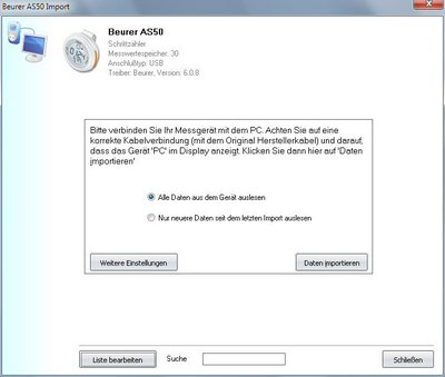 Datenbernahme von der Beurer AS50 ins Diabetes-Tagebuch