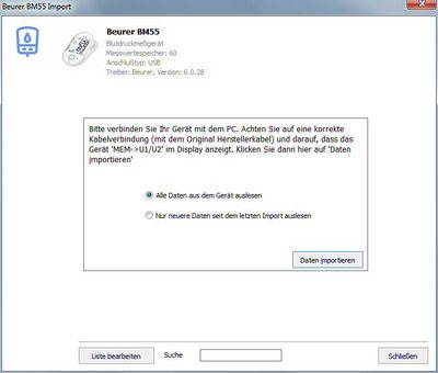 Datenbernahme vom Beurer BM55 ins Diabetes-Tagebuch